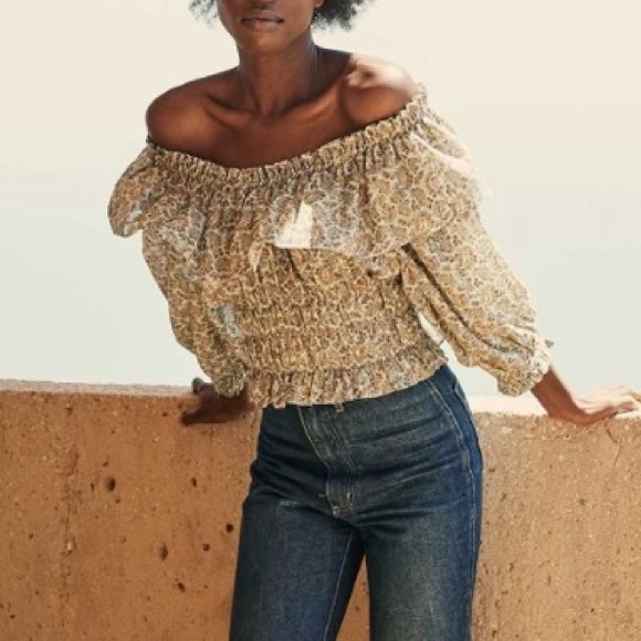 NWT Doen Luce Cotton Ruffle Off Shoulder Crop Blouse Top Cream Tisbury Paisley - Picture 4 of 13
